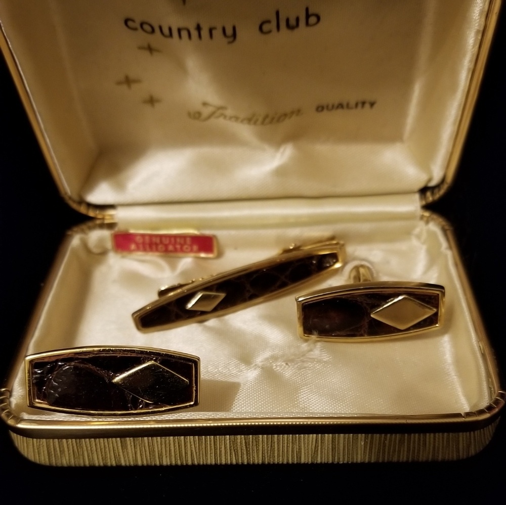 Genuine Alligator Skin Cufflinks and Tie Clip Set